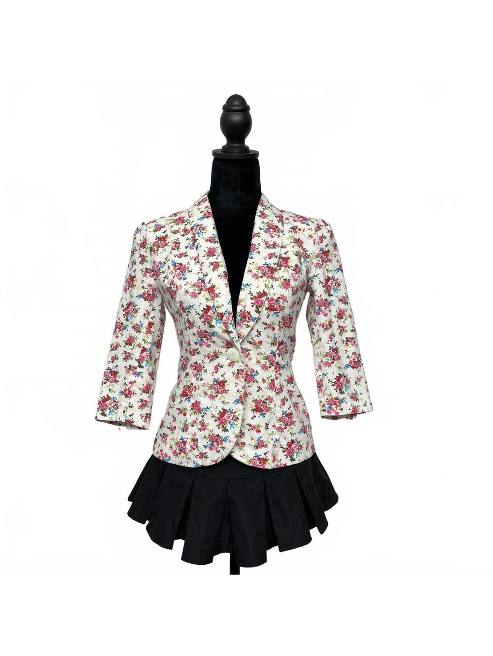 Golden Poppy White Pink Floral Cropped Blazer Padded Shoulder 3/4 Sleeve Small